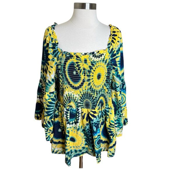 Terra & Sky Blouse Womens 1X Tie Dye 3/4 Sleeve Square Neck Peplum Hem Boho - Picture 1 of 10